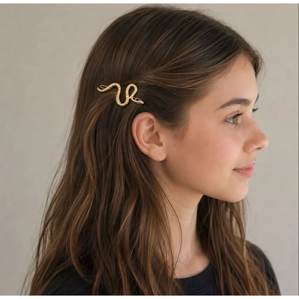 Serpent Barrette with Green Crystal Eyes - Gold Tone Snake Hair Clip